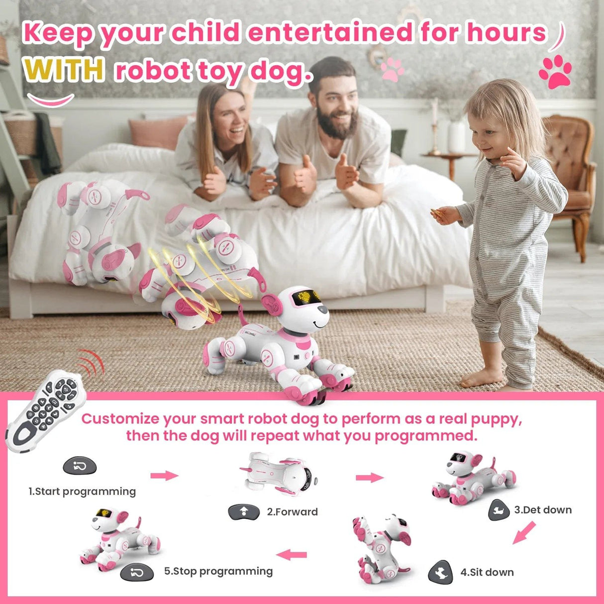 Family playing with a robot toy dog in a bedroom setting, with text promoting its entertainment value.