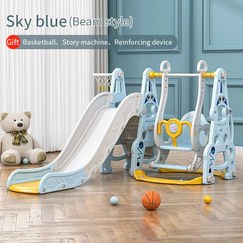 Children's play set with slide and swing set on a wooden floor, featuring a teddy bear and balls.