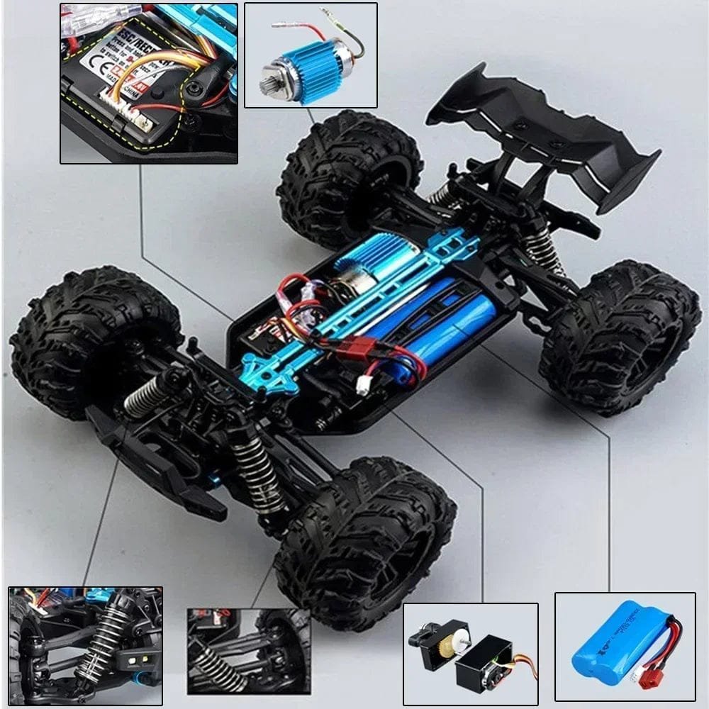 Detailed view of a remote control car chassis with various components