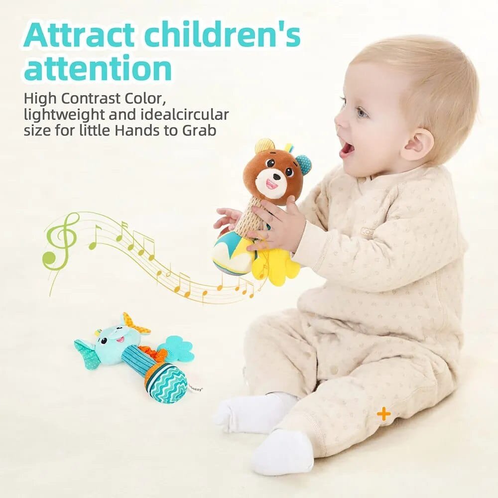 Child playing with a toy, with text about attracting children's attention.