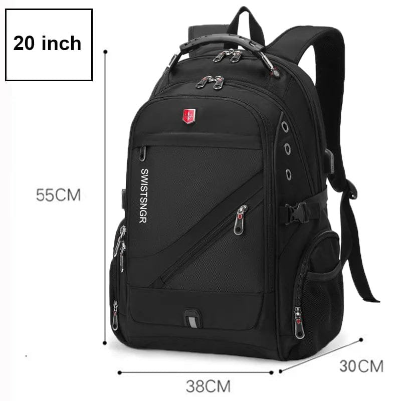 Black backpack with measurement details