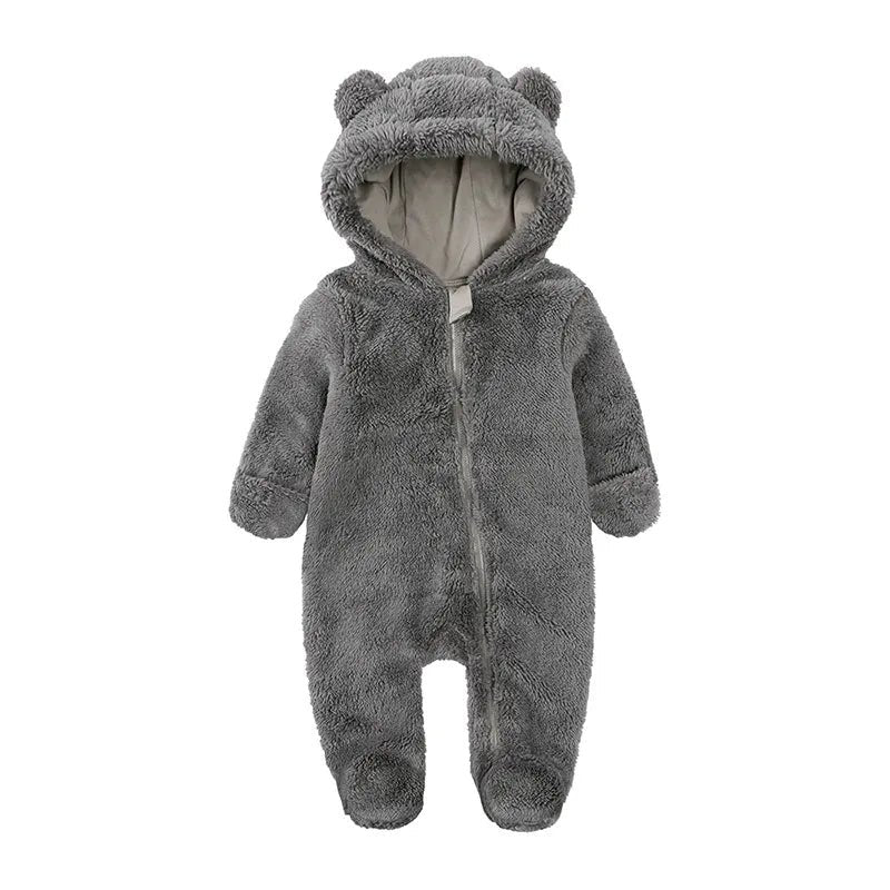 Gray baby onesie with bear ears and feet
