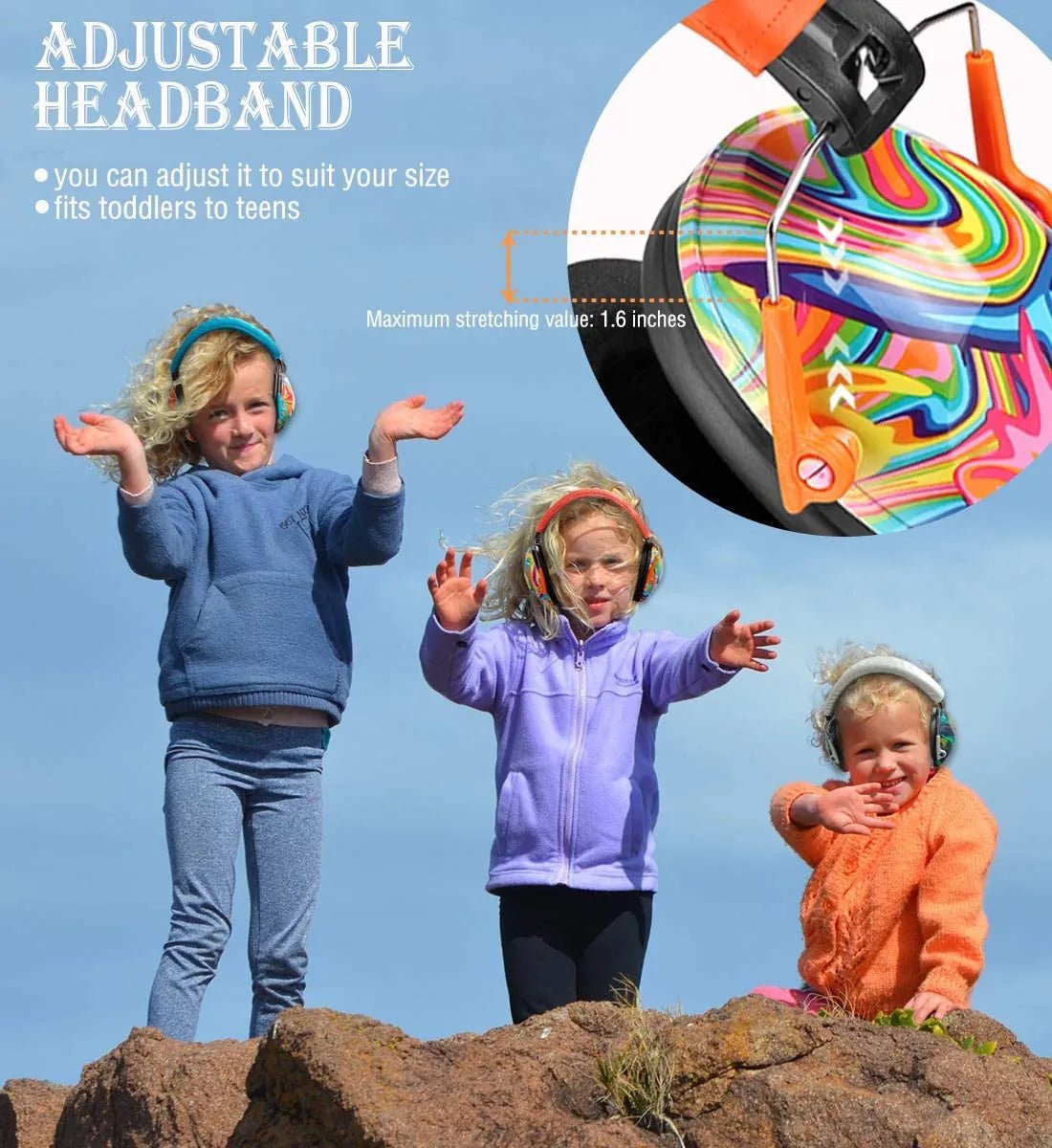 Children wearing colorful headbands with an adjustable headband feature highlighted.