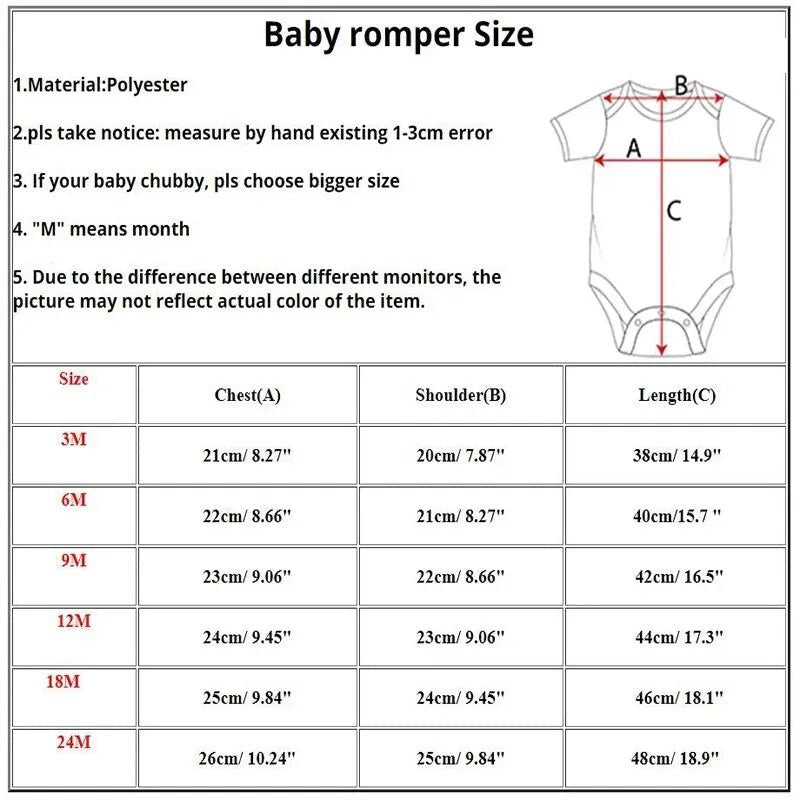 Baby romper size chart with measurements and material information.