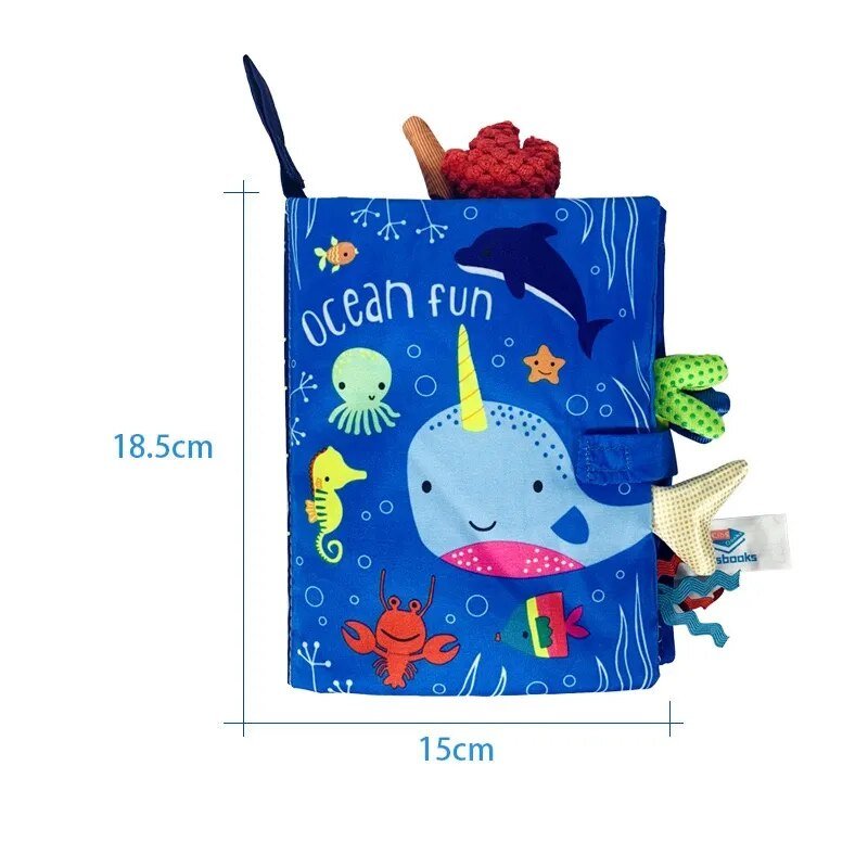 Children's soft book with ocean-themed illustrations and measurements on a white background