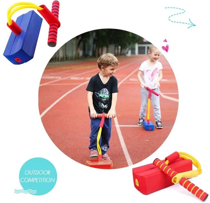 Children playing with a pogo stick on a track, with additional pogo sticks displayed.