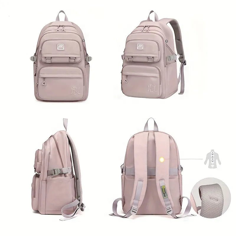 Pink backpack shown from multiple angles.