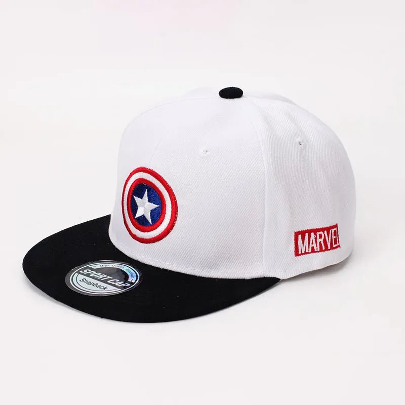 White and black Marvel cap with Captain America logo