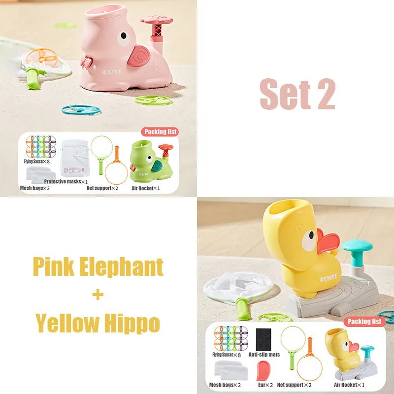 Bath toy set with pink elephant and yellow hippo.