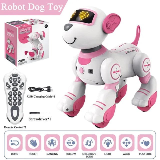 Robot dog toy with remote control, box, and accessories.