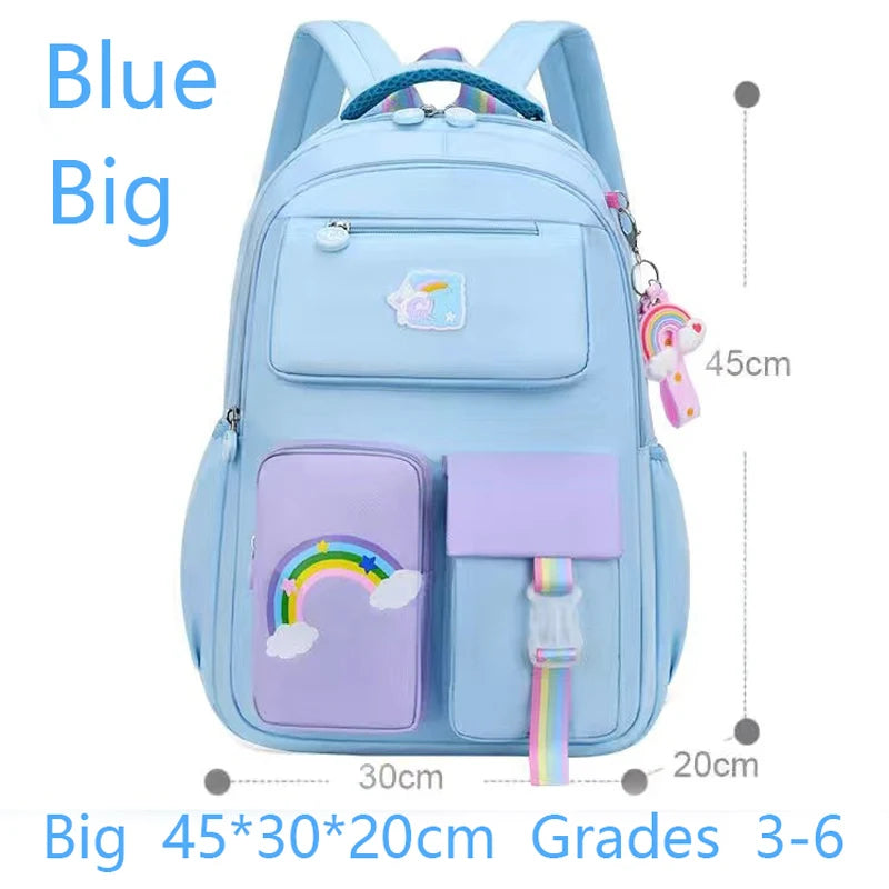 Blue backpack with rainbow design and measurements