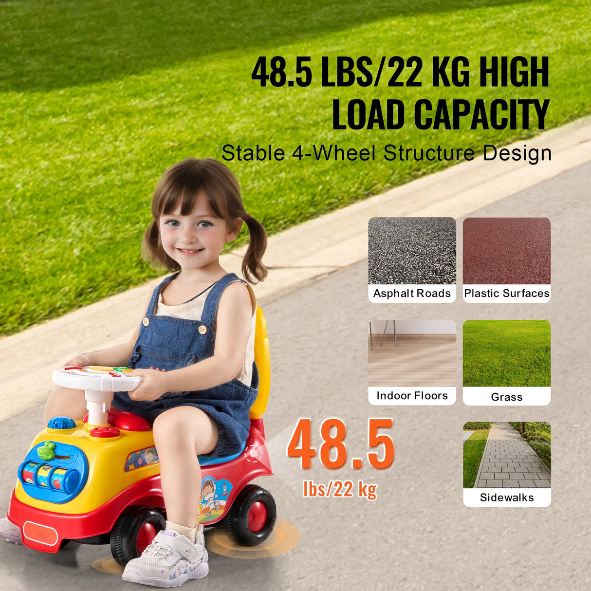 Child sitting on a toy car with load capacity information and surface types displayed.