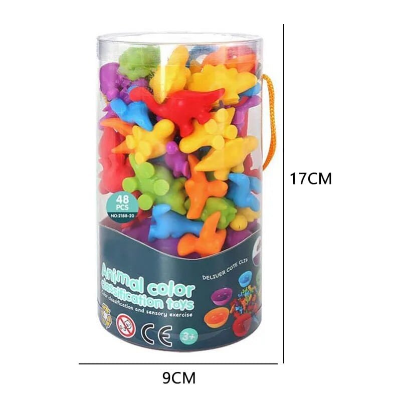 Colorful animal-shaped toys in a cylindrical packaging with dimensions indicated.