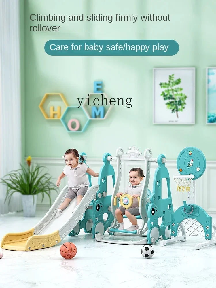 Children playing on a indoor playground set with safety features highlighted, featuring the brand 'yicheng'.