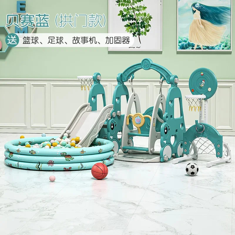 Children's playset with slides, swings, and balls on a marble floor.