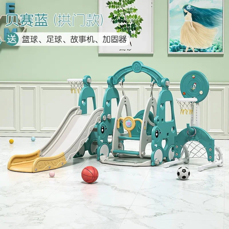 Children's playground set with slide, swing, and climbing structure in a room.