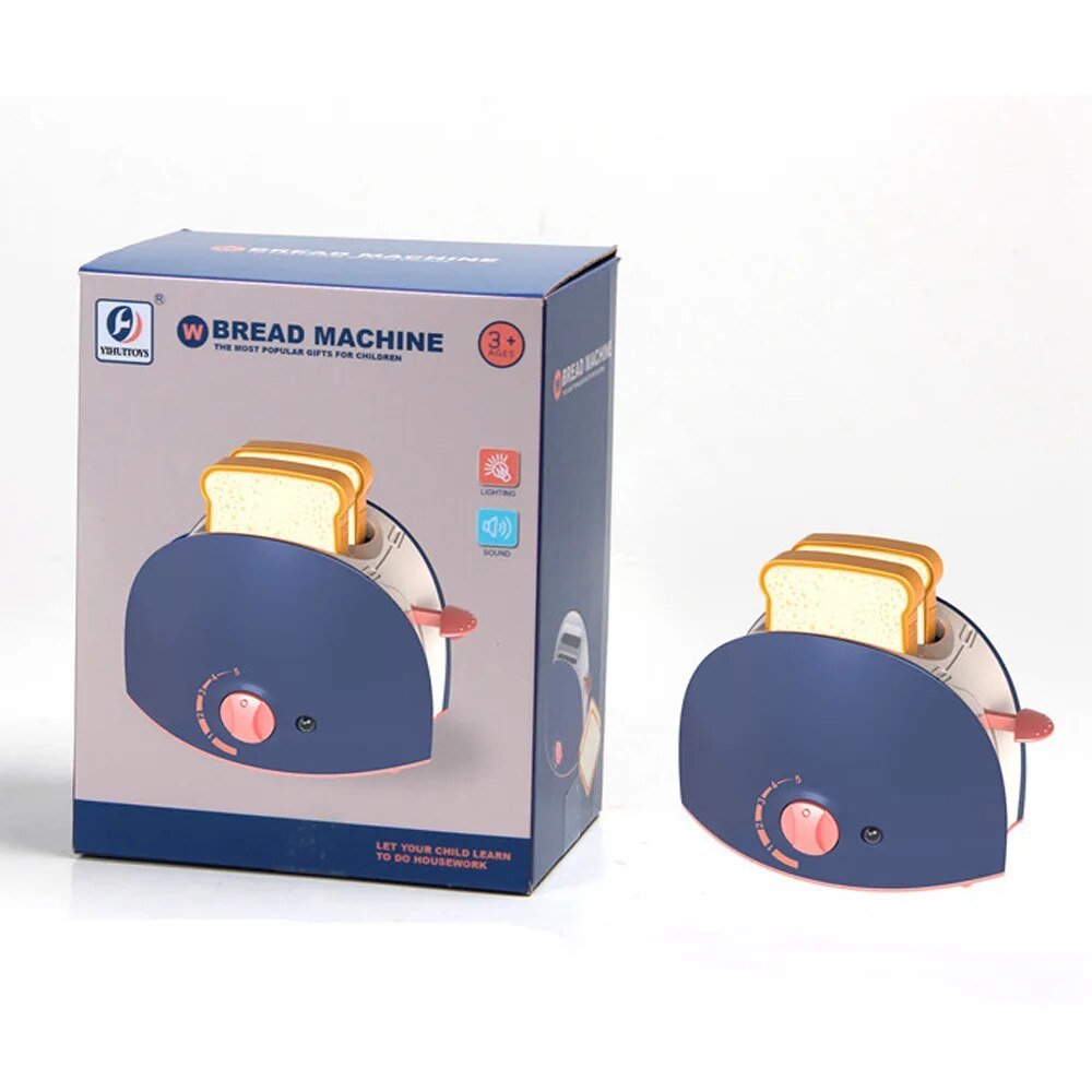 Blue bread machine with a slice of bread on top, next to its packaging box.