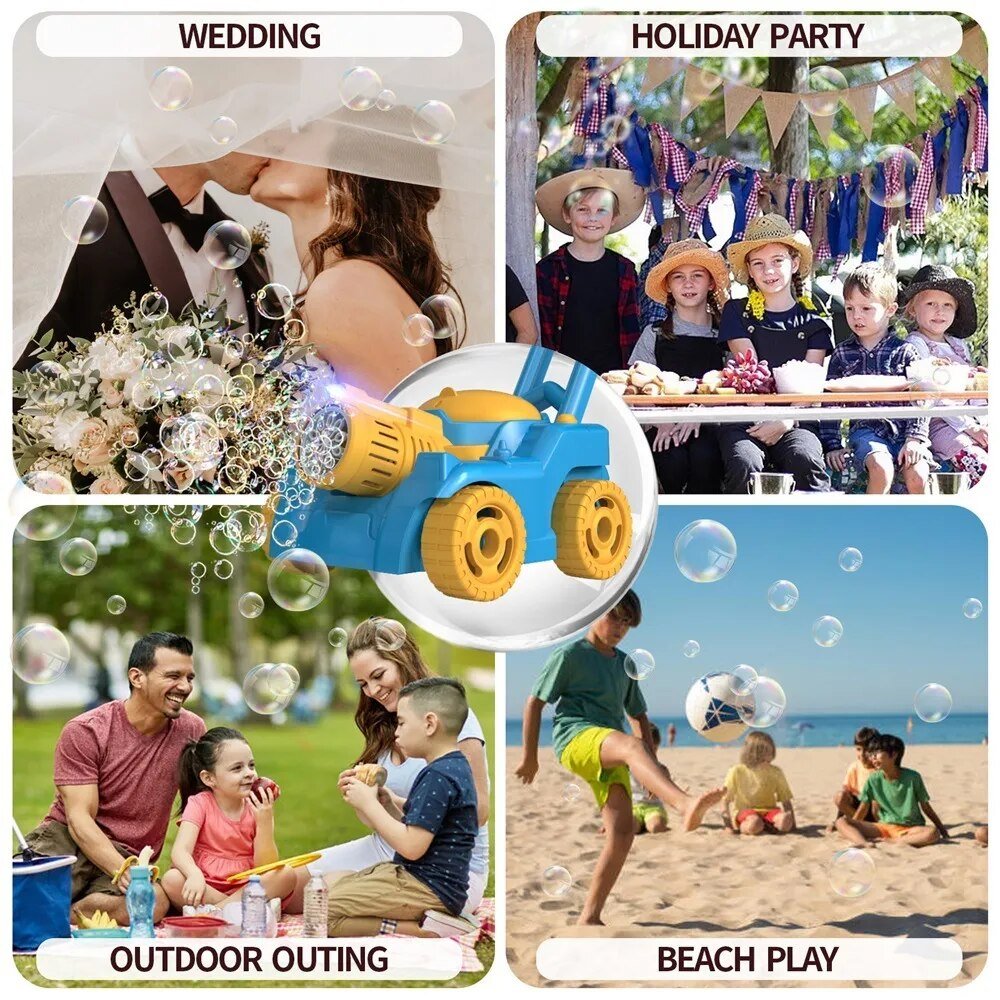 Bubble gun with images of people at a wedding, holiday party, outdoor outing, and beach play.