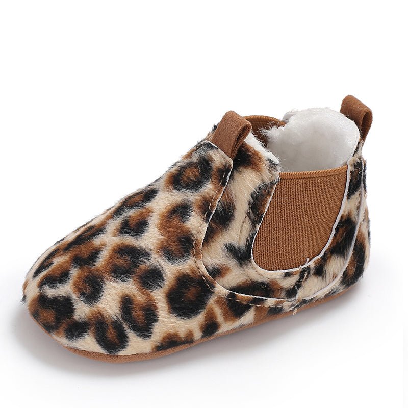 Leopard print baby shoe with brown interior
