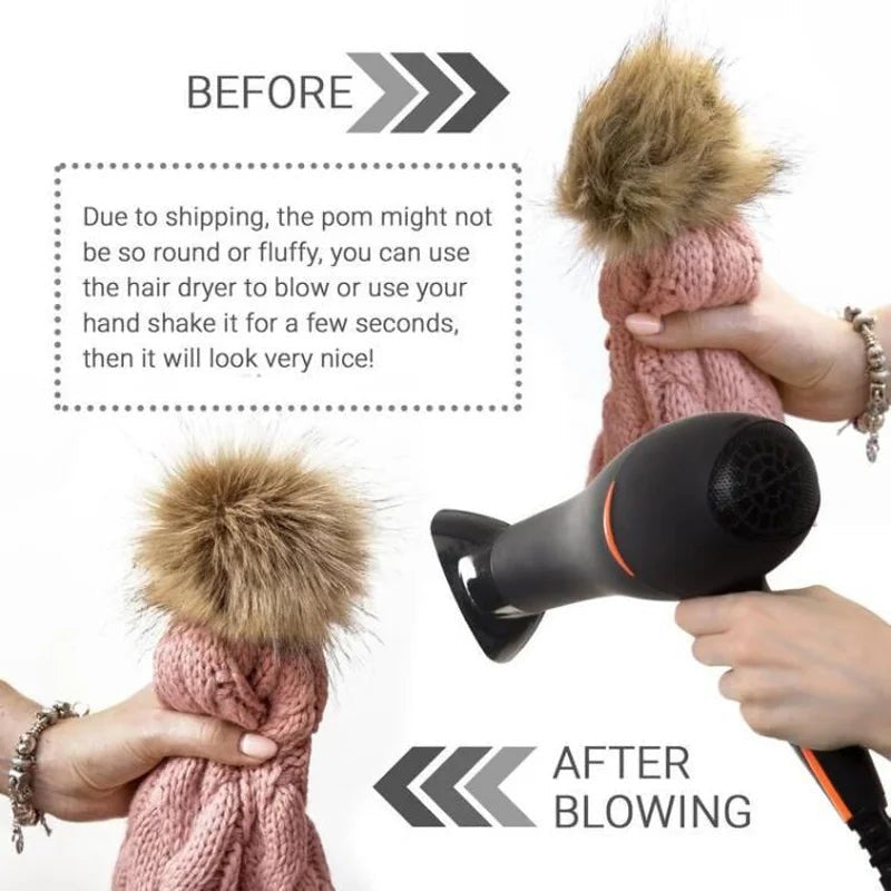 Person using a hair dryer to fluff up a pom-pom on a pink knit hat.