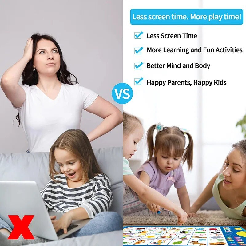 Comparison of a woman with a child using a laptop versus two children playing with a board game, with text about less screen time and more play time.
