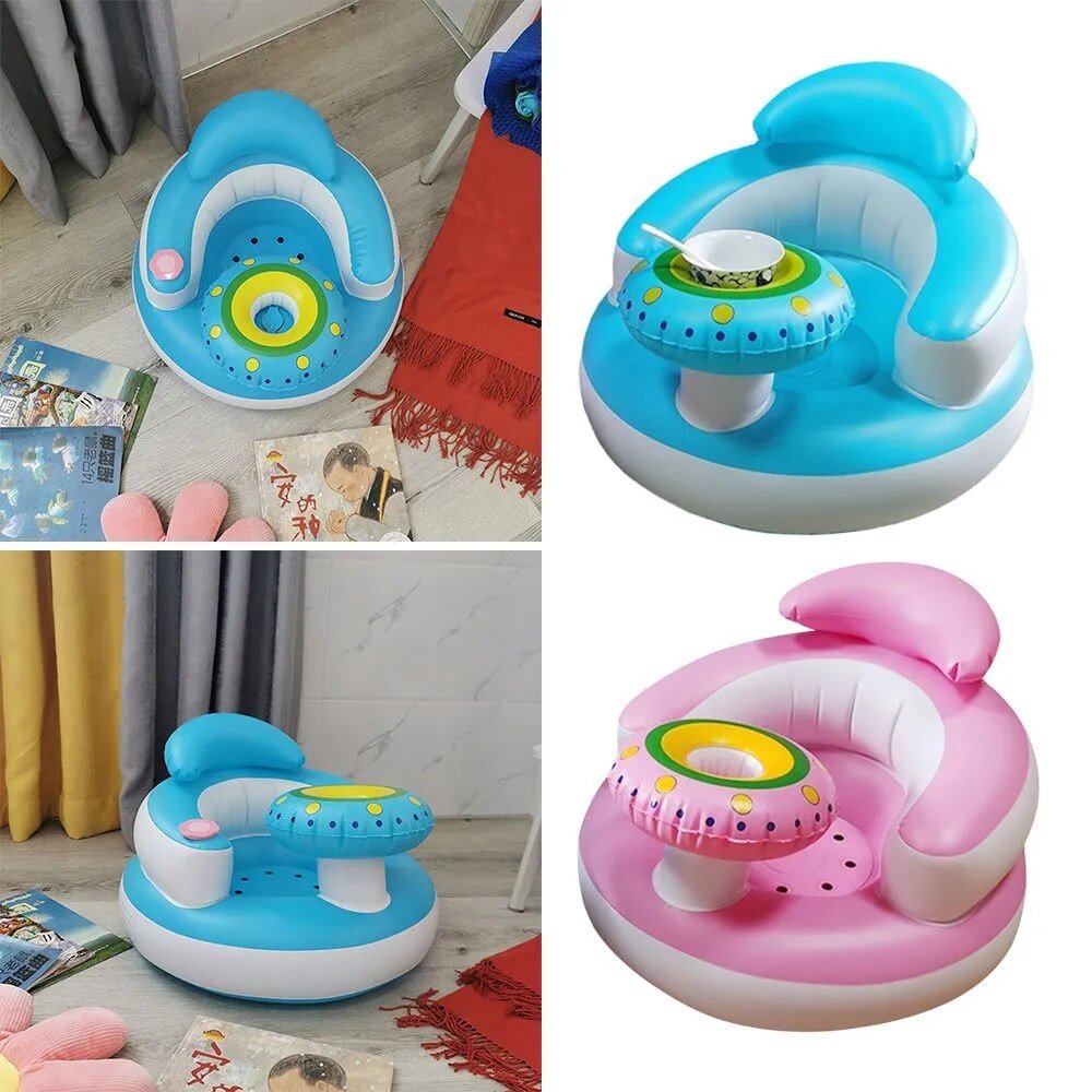 Collage of two inflatable baby seats, one blue and one pink, on a neutral background.