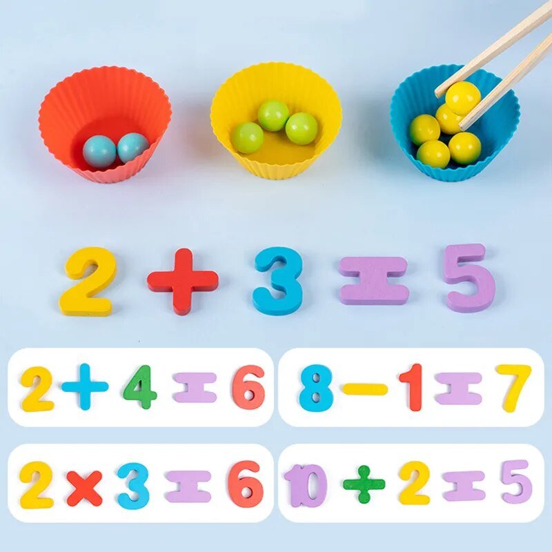 Colorful math equations and numbers with bowls of balls