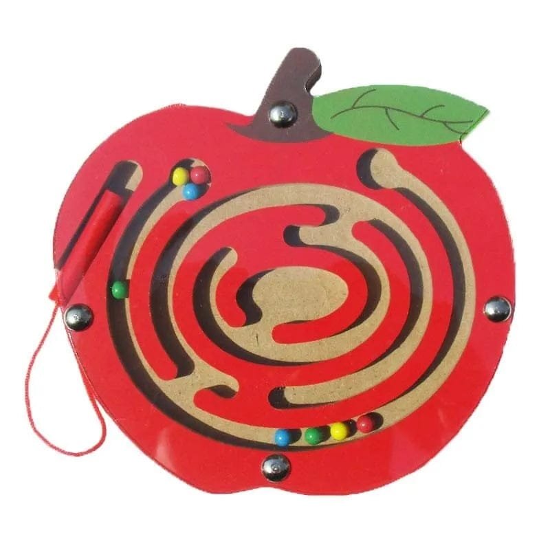 Red apple-shaped maze toy with colorful beads.