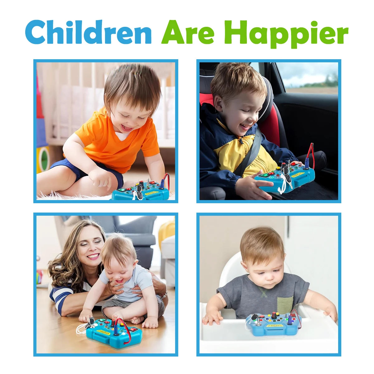 Children playing with a toy set in various settings.