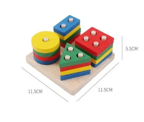 Colorful geometric wooden blocks with dimensions indicated.