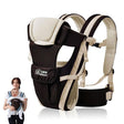 Black and beige baby carrier with a woman holding a baby.