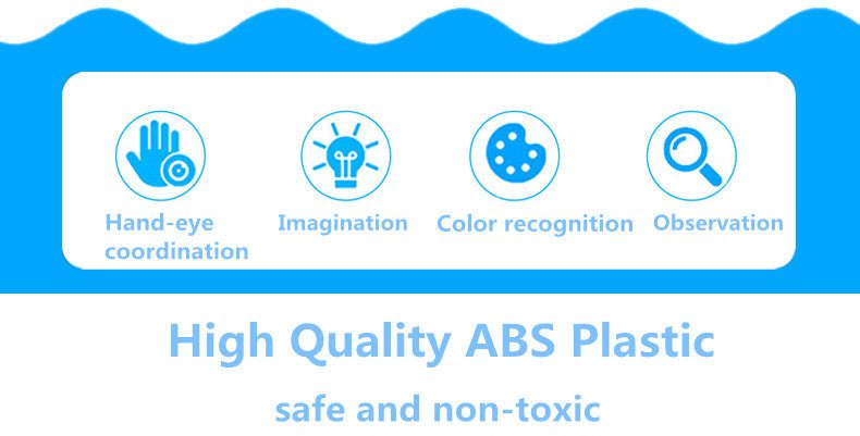 High quality ABS plastic safety and non-toxic information with icons and text on a blue background
