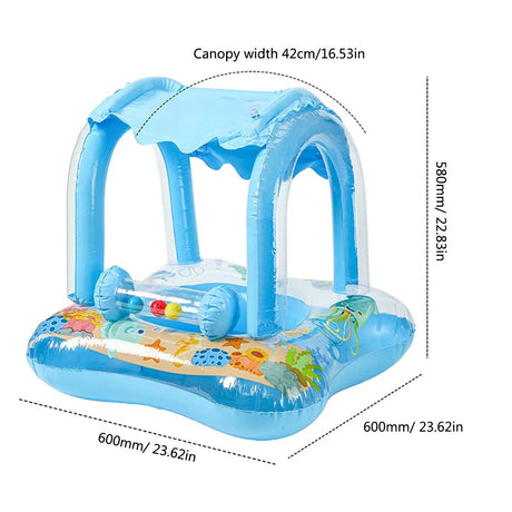 Inflatable baby play center with canopy and dimensions labeled