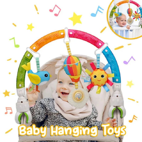 Baby hanging toys with colorful design and baby in background