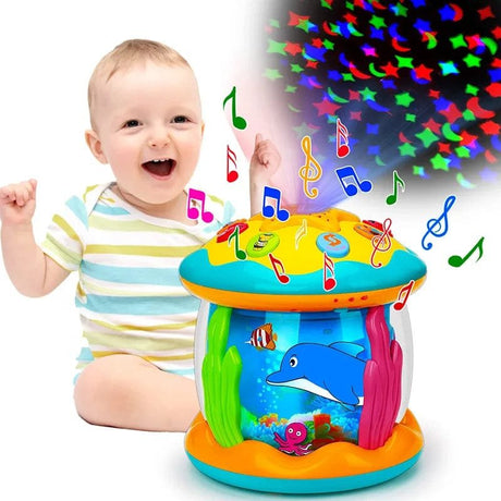 Child playing with a colorful toy that projects music notes and star patterns.