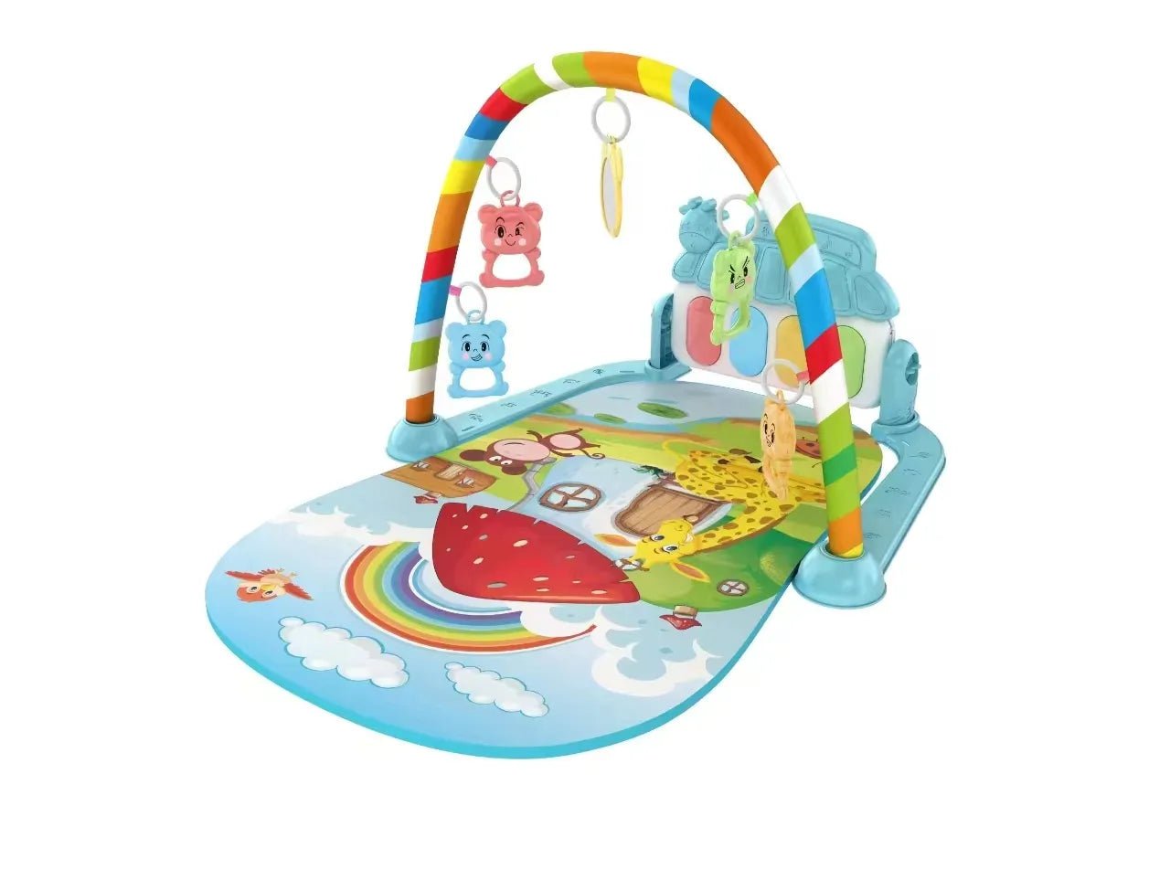 Colorful baby gym with toys on a white background