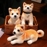 Three plush Shiba Inu dogs in a woven basket on a wooden surface.