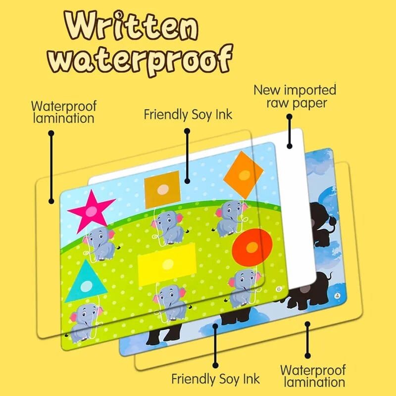 Illustration of a waterproof screen protector with cartoon elephants on a yellow background