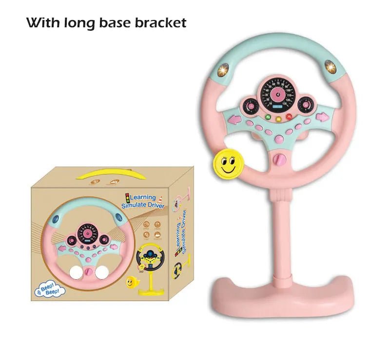Pink toy steering wheel with long base bracket and packaging on a white background