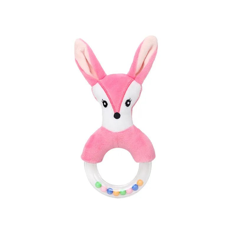 Pink bunny-shaped baby teether on a white background