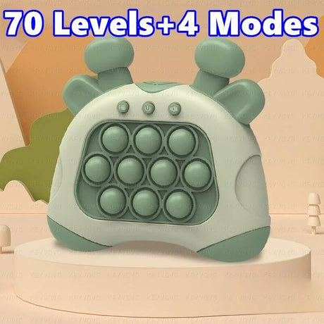 Green dinosaur-shaped fidget toy with '70 Levels + 4 Modes' text on a beige background