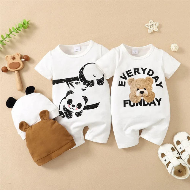 0-12M Boy's Panda Romper & Hat: Summer 2PCS Bodysuit Set image 0