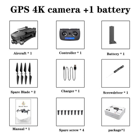 List of items included in a drone package with GPS 4K camera and battery.