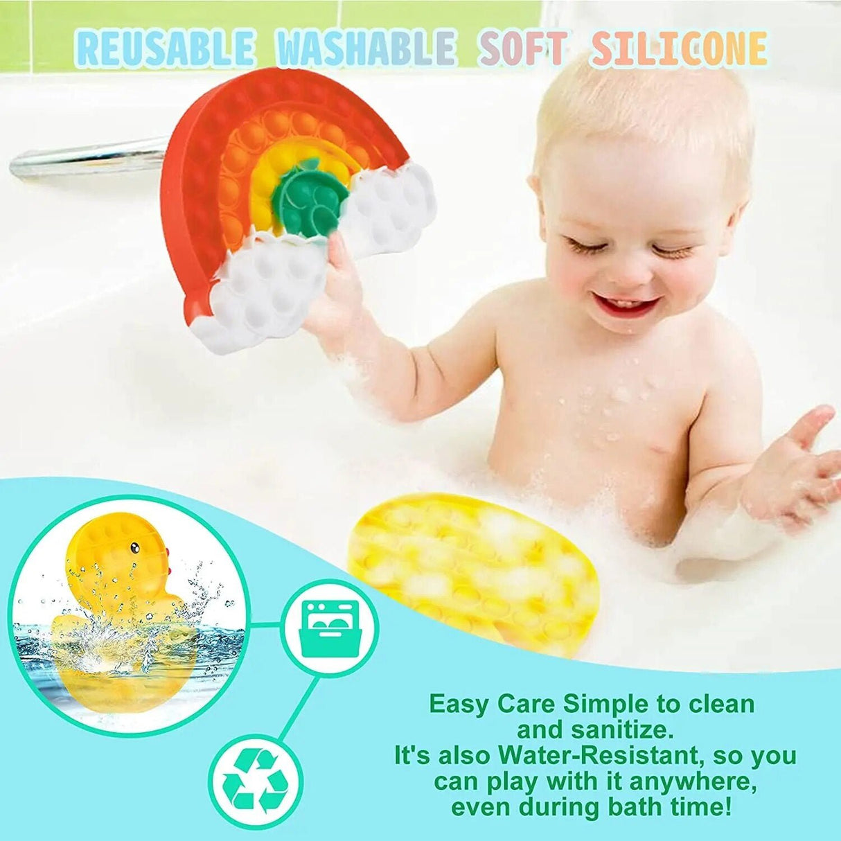 Baby playing with a colorful silicone bath toy in a bathtub, with text highlighting features like 'Reusable', 'Washable', and 'Silicone'.