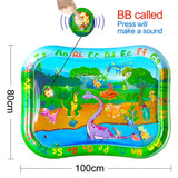 Children's inflatable play mat with dinosaur design and dimensions indicated