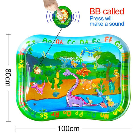 Children's inflatable play mat with dinosaur design and dimensions indicated