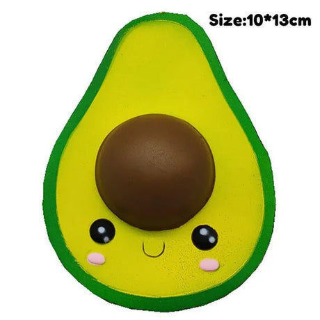 Avocado-shaped toy with a face on a white background