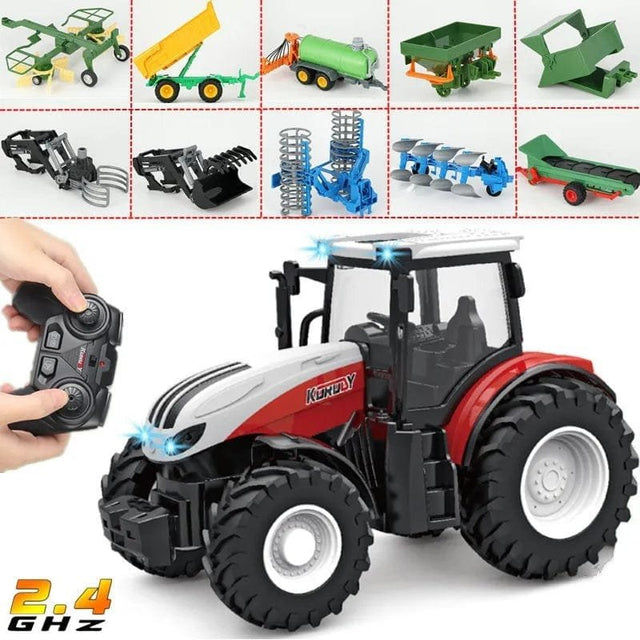 Toy tractor with remote control and detachable farming implements on a white background