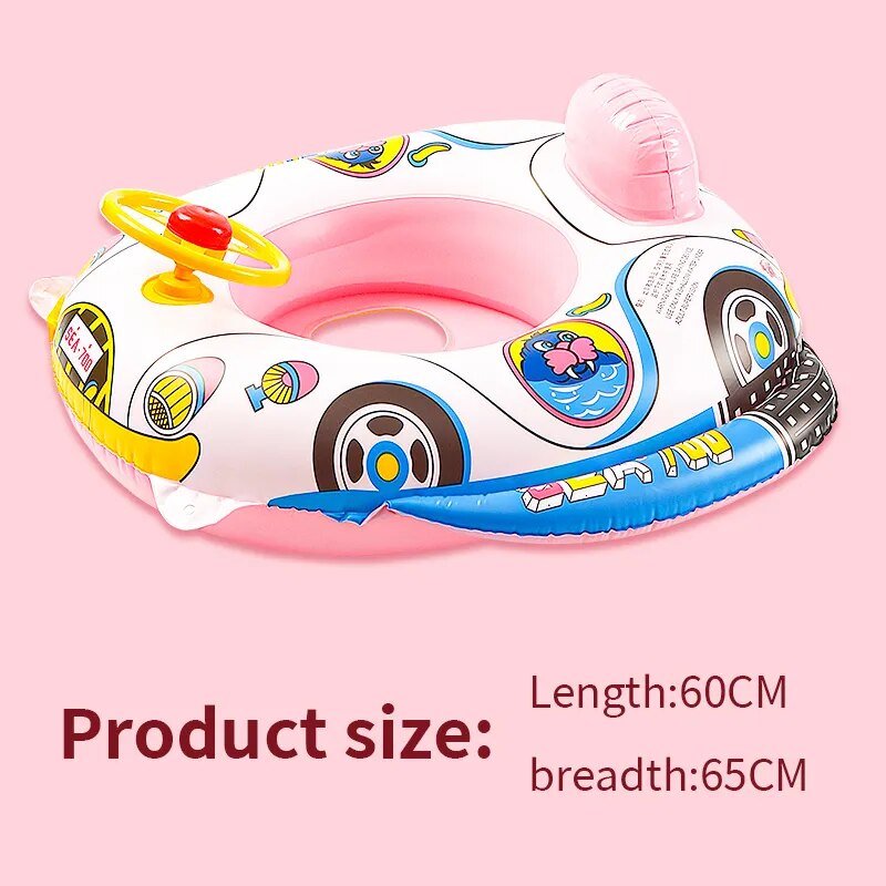 Inflatable baby car seat with steering wheel on a pink background
