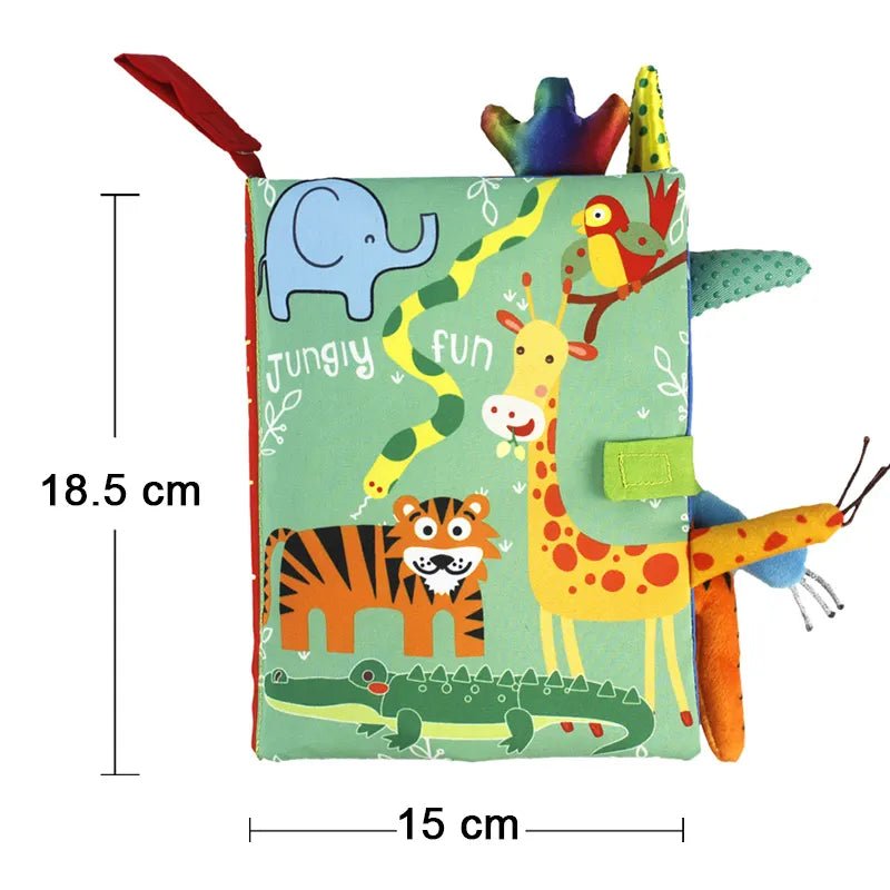 Children's soft book with animal illustrations and dimensions displayed